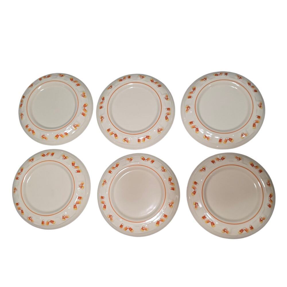 6 x Berger Pottery Longaberger Oven Safe Plate Candy Corn Trim Dish USA Made Set